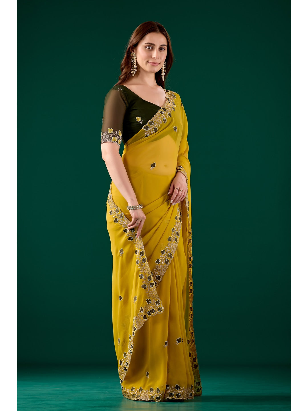 Peachmode Yellow Embroidered Georgette Saree - Image 4