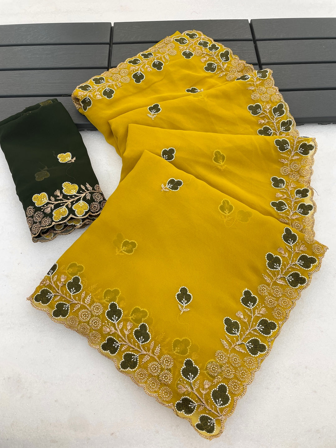 Peachmode Yellow Embroidered Georgette Saree - Image 5
