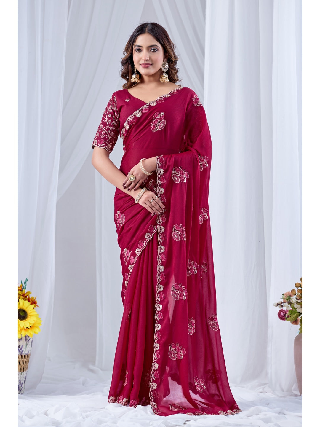 Peachmode Magenta Embroidered Star Georgette Saree - Image 1