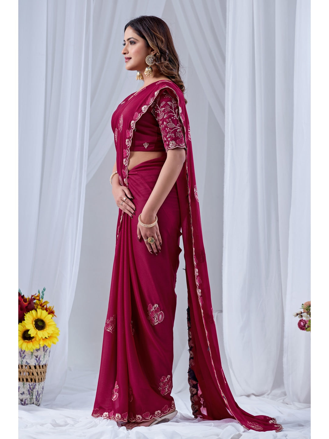 Peachmode Magenta Embroidered Star Georgette Saree - Image 2