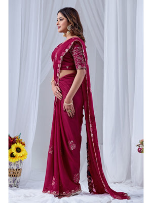 Peachmode Magenta Embroidered Star Georgette Saree - Image 2