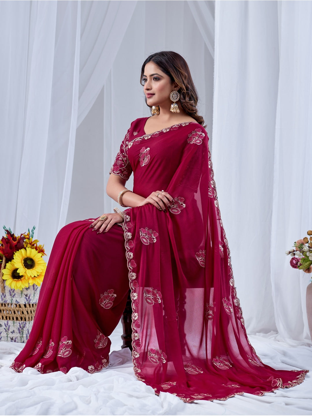 Peachmode Magenta Embroidered Star Georgette Saree - Image 3
