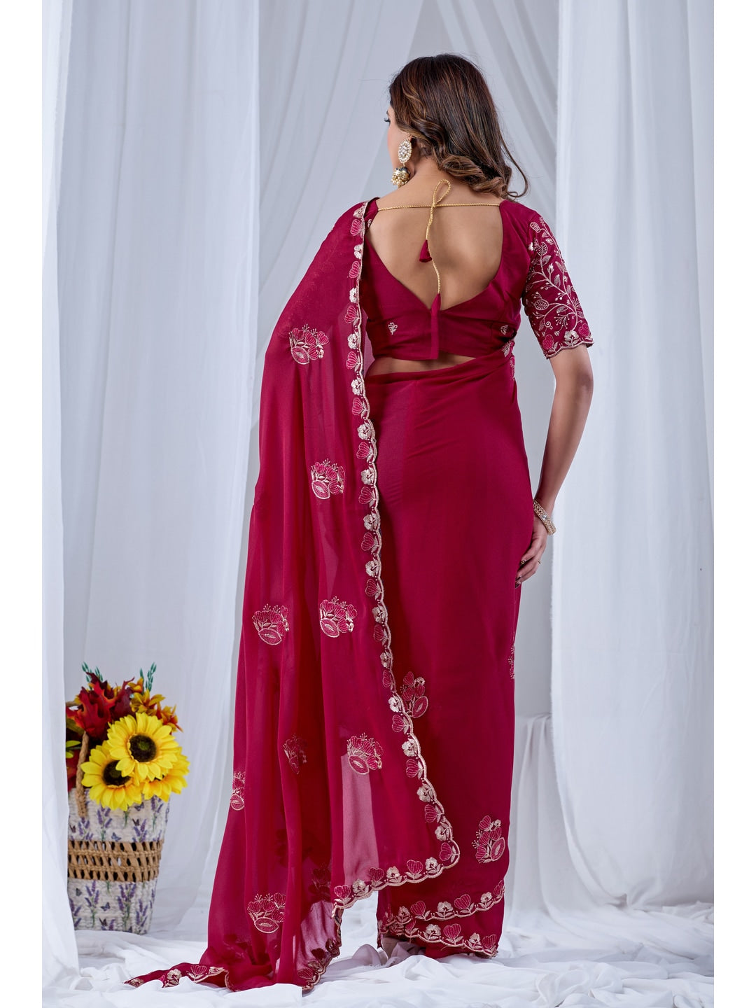 Peachmode Magenta Embroidered Star Georgette Saree - Image 4