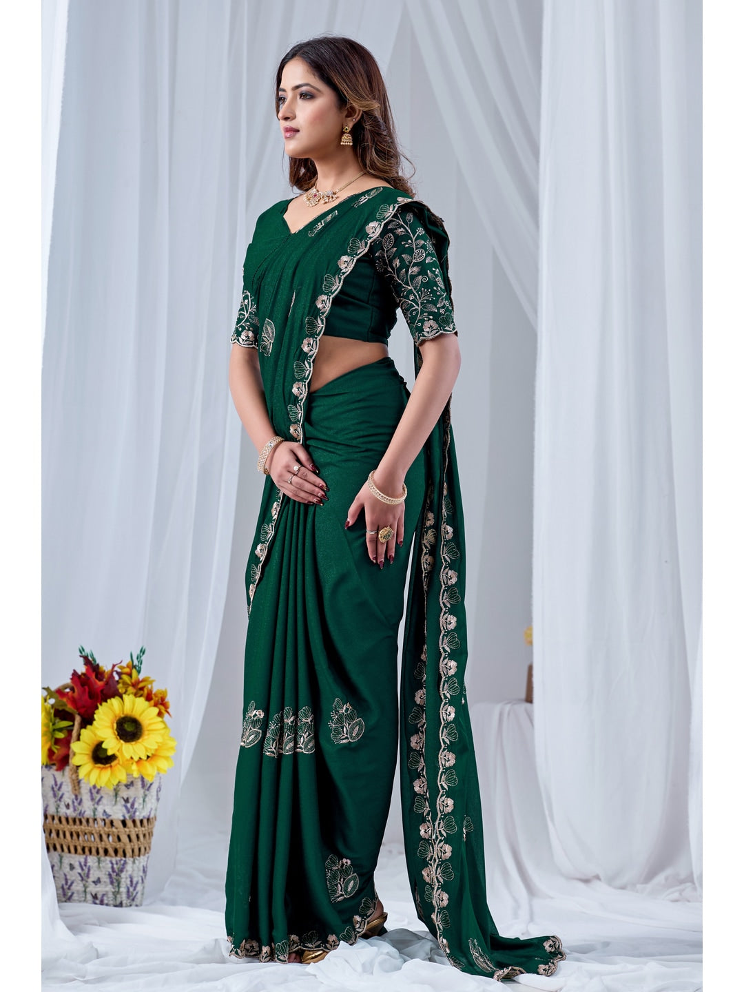 Peachmode Green Embroidered Star Georgette Saree - Image 2