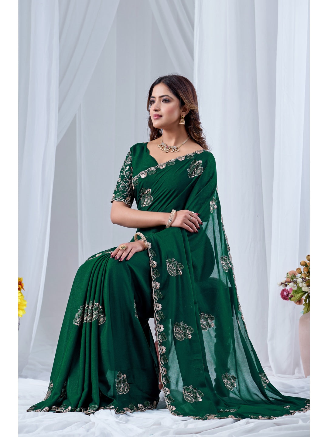 Peachmode Green Embroidered Star Georgette Saree - Image 3