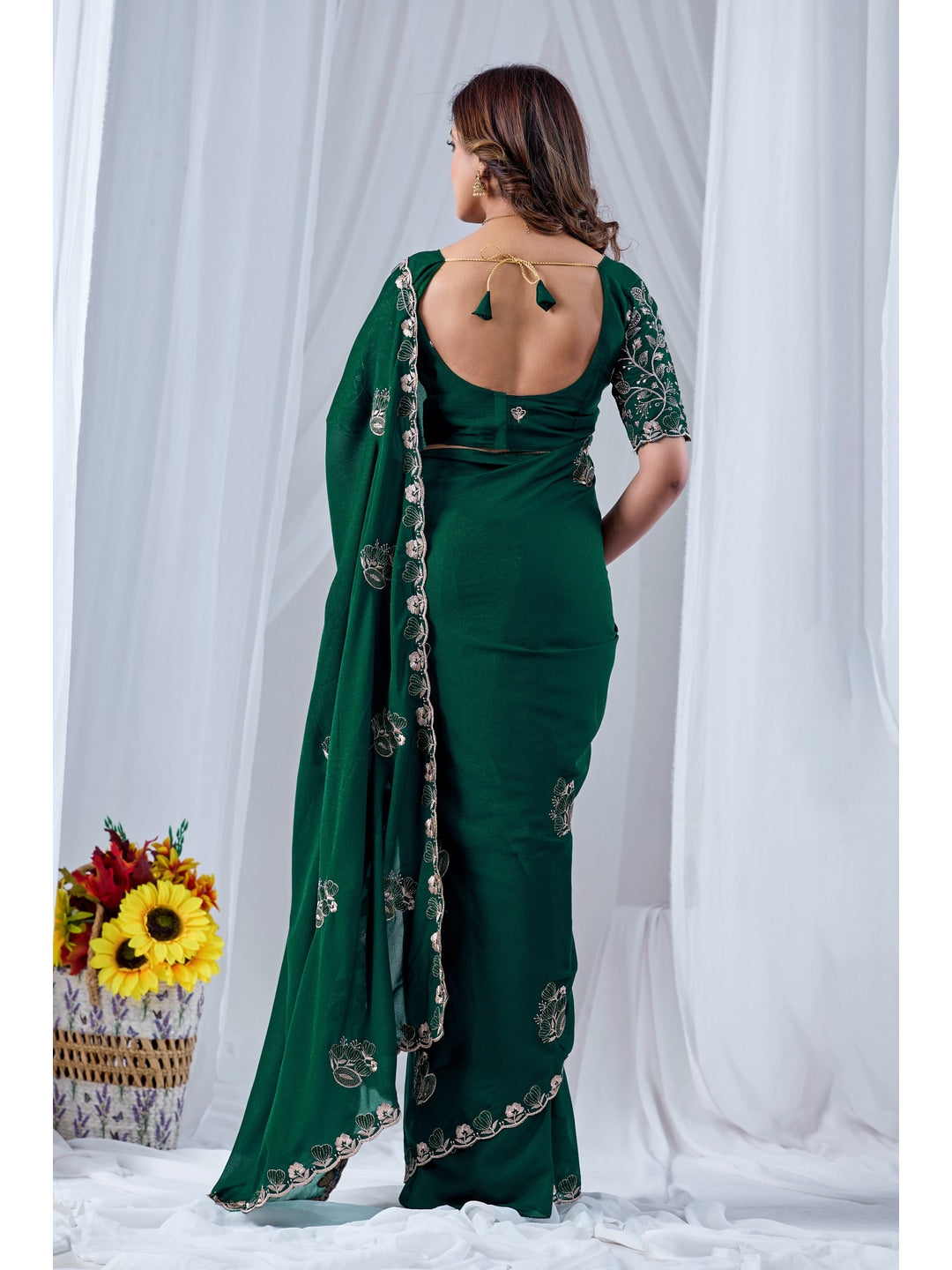 Peachmode Green Embroidered Star Georgette Saree - Image 4