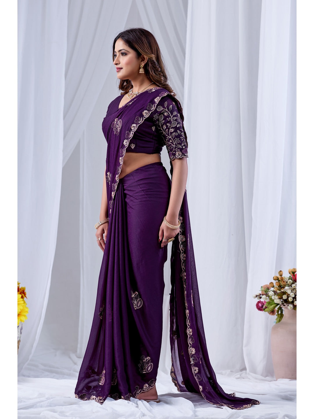 Peachmode Purple Embroidered Star Georgette Saree - Image 2