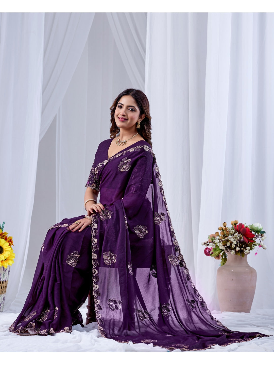 Peachmode Purple Embroidered Star Georgette Saree - Image 3
