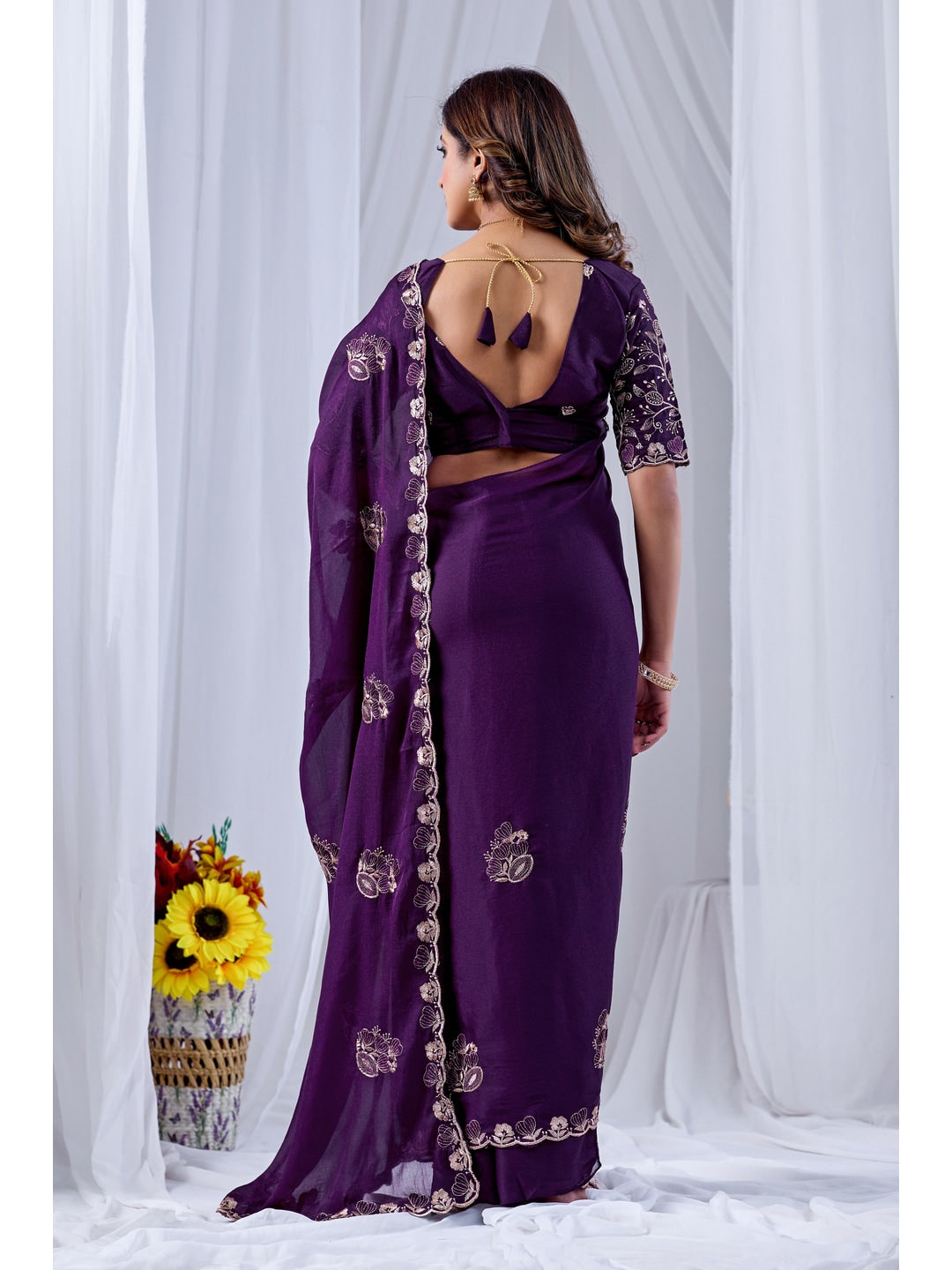 Peachmode Purple Embroidered Star Georgette Saree - Image 4