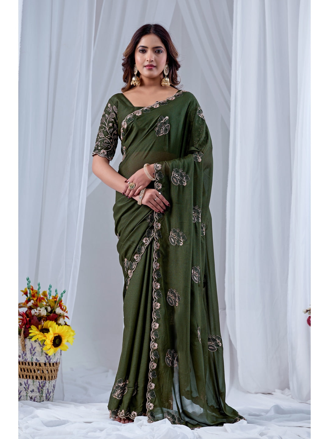 Peachmode Mehndi Embroidered Star Georgette Saree - Image 1
