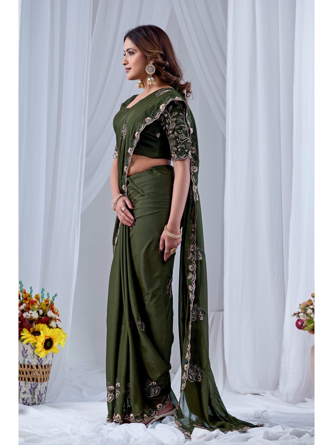 Peachmode Mehndi Embroidered Star Georgette Saree - Image 2