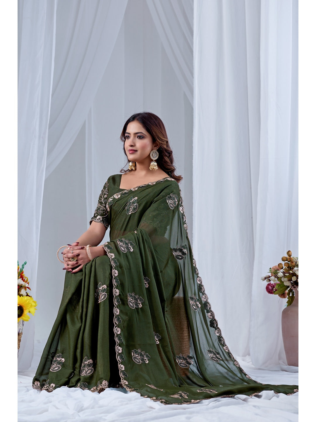 Peachmode Mehndi Embroidered Star Georgette Saree - Image 3