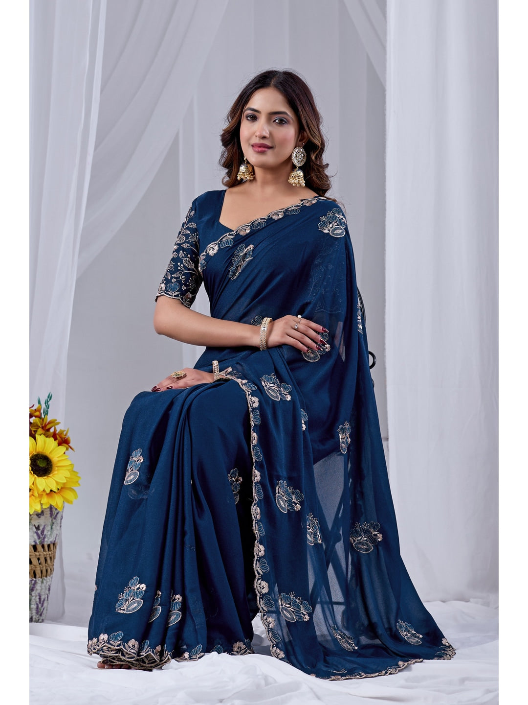 Peachmode NavyBlue Embroidered Star Georgette Saree - Image 3