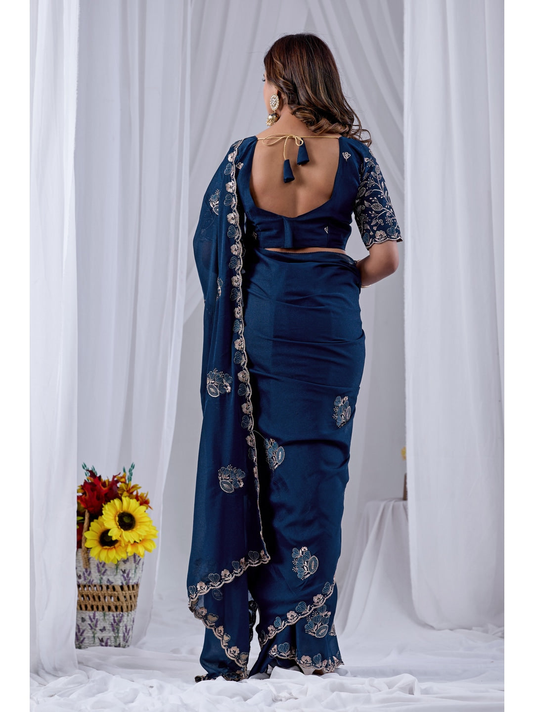 Peachmode NavyBlue Embroidered Star Georgette Saree - Image 4