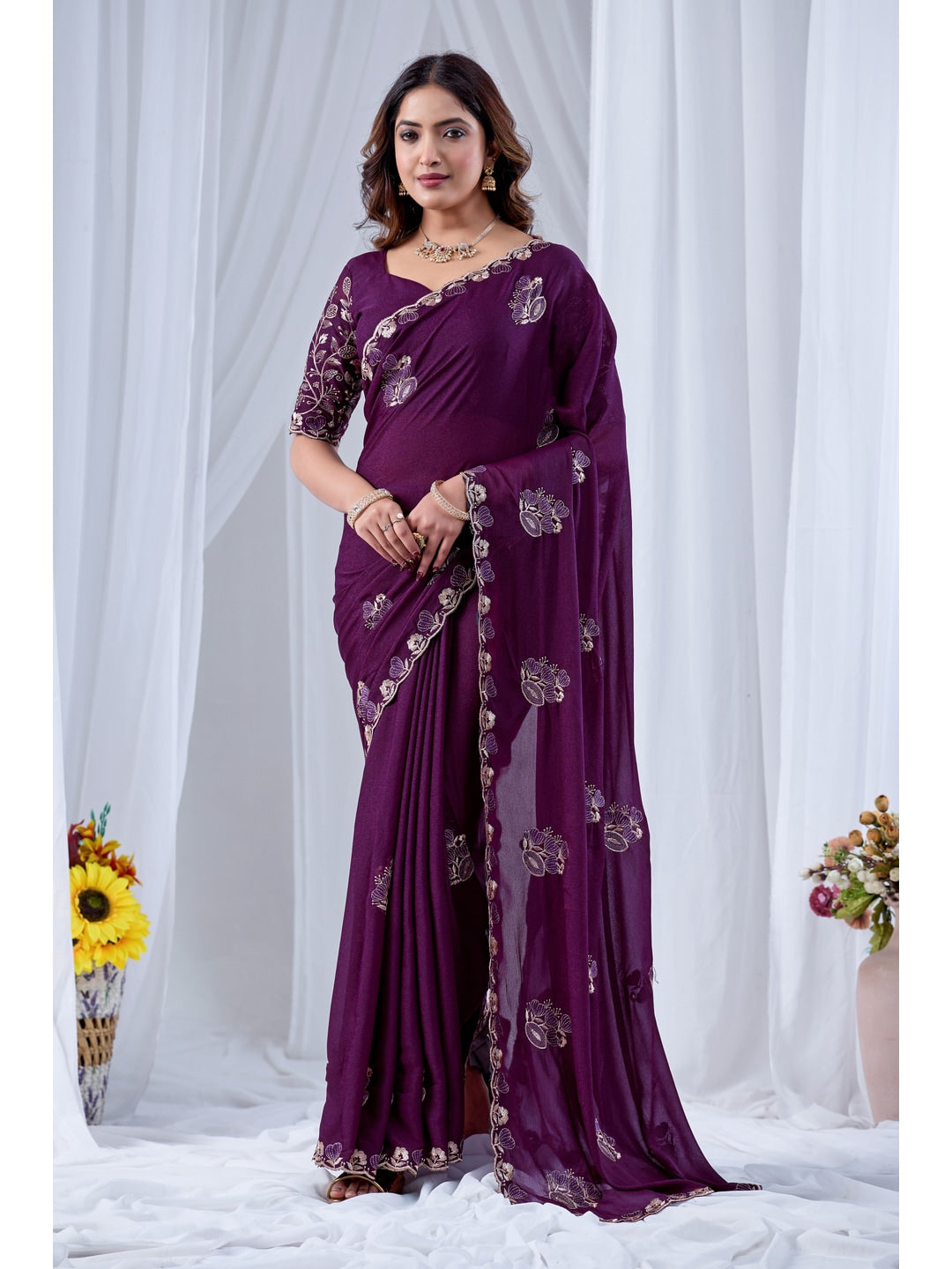 Peachmode Wine Embroidered Star Georgette Saree - Image 1