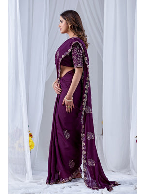 Peachmode Wine Embroidered Star Georgette Saree - Image 2