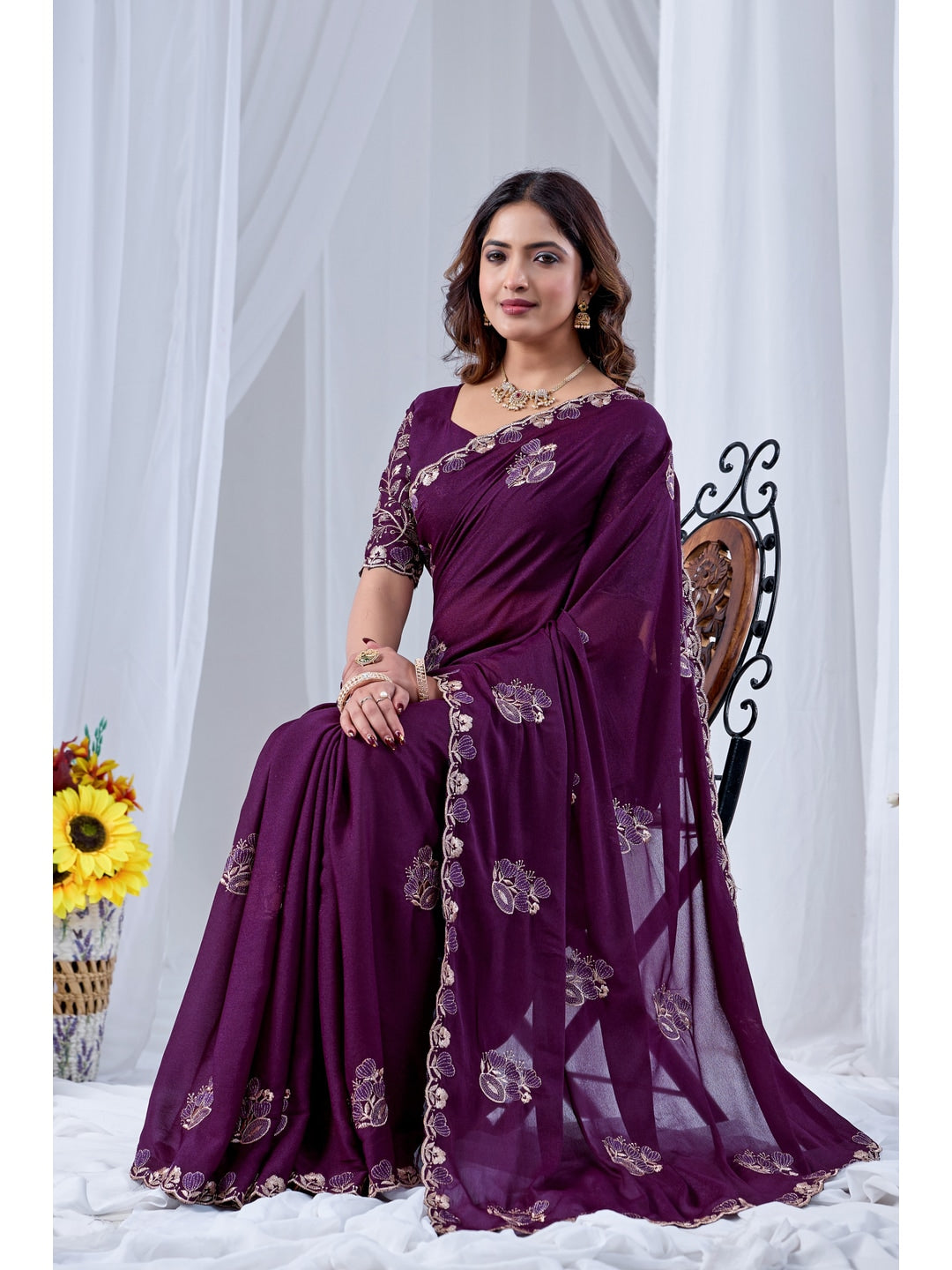 Peachmode Wine Embroidered Star Georgette Saree - Image 3