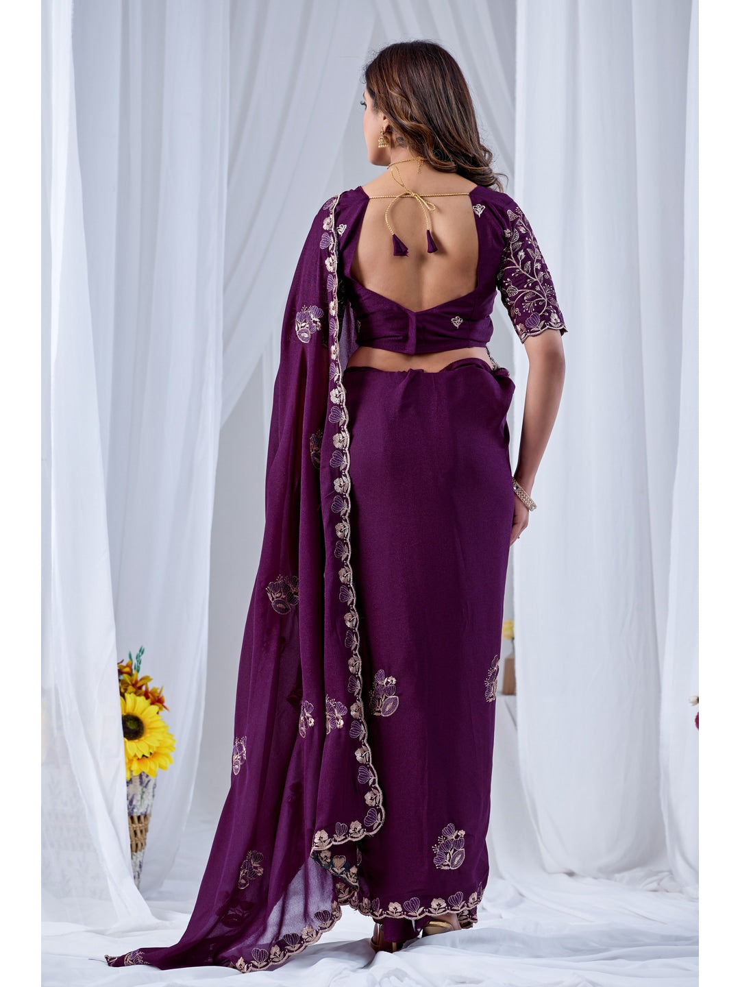 Peachmode Wine Embroidered Star Georgette Saree - Image 4