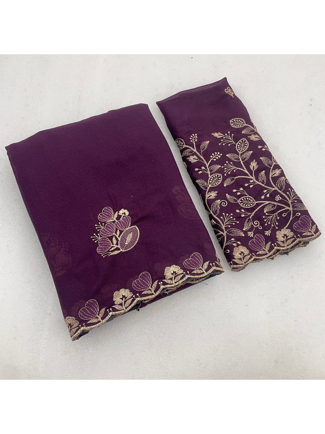 Peachmode Wine Embroidered Star Georgette Saree - Image 5