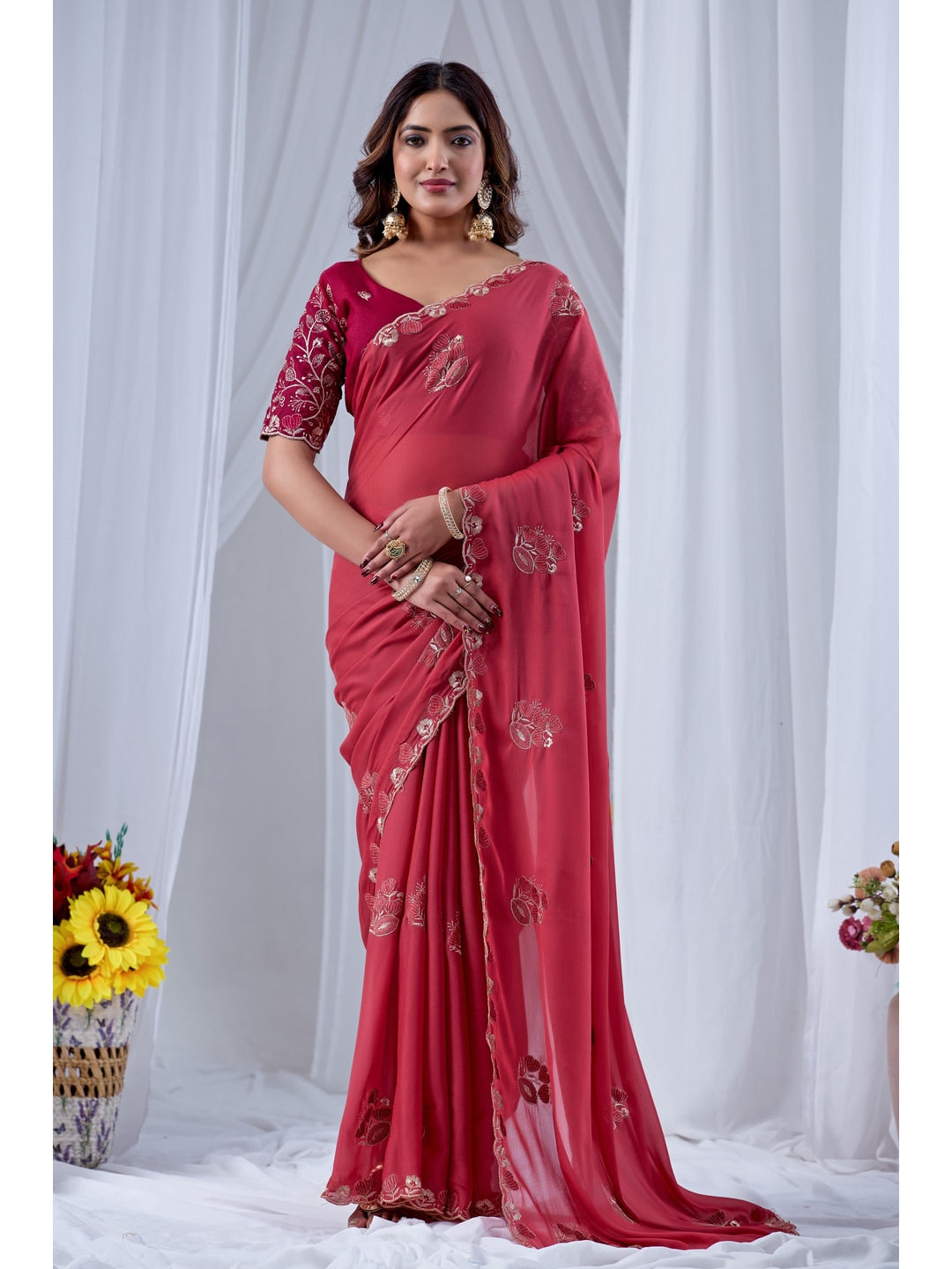 Peachmode Coral Embroidered Star Georgette Saree - Image 1