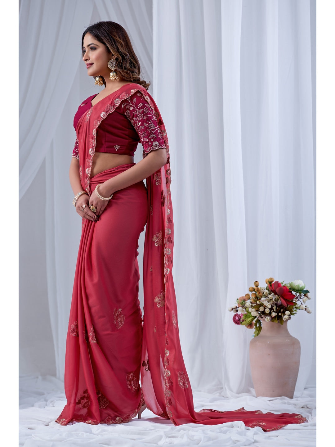 Peachmode Coral Embroidered Star Georgette Saree - Image 2
