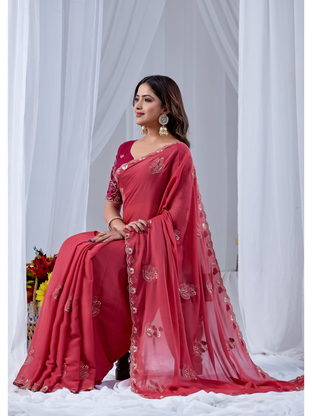 Peachmode Coral Embroidered Star Georgette Saree - Image 3