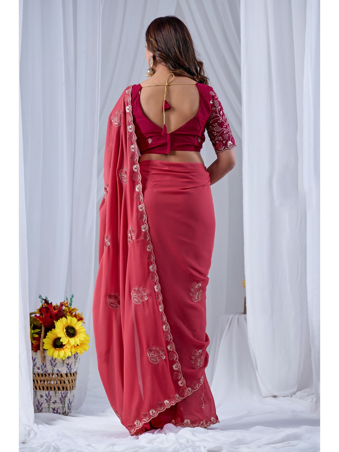 Peachmode Coral Embroidered Star Georgette Saree - Image 4