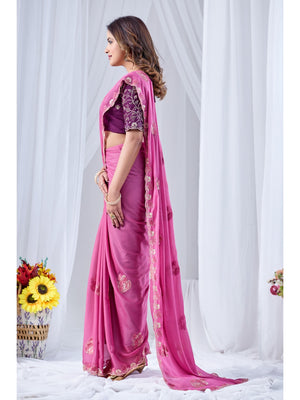 Peachmode Pink Embroidered Star Georgette Saree - Image 2