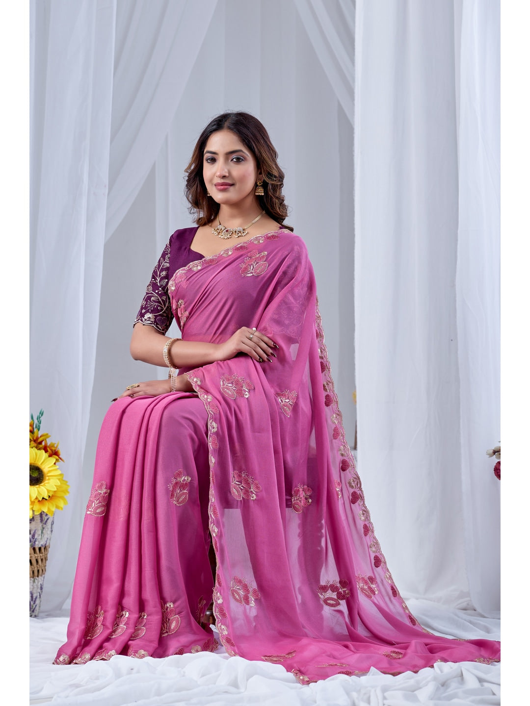 Peachmode Pink Embroidered Star Georgette Saree - Image 3