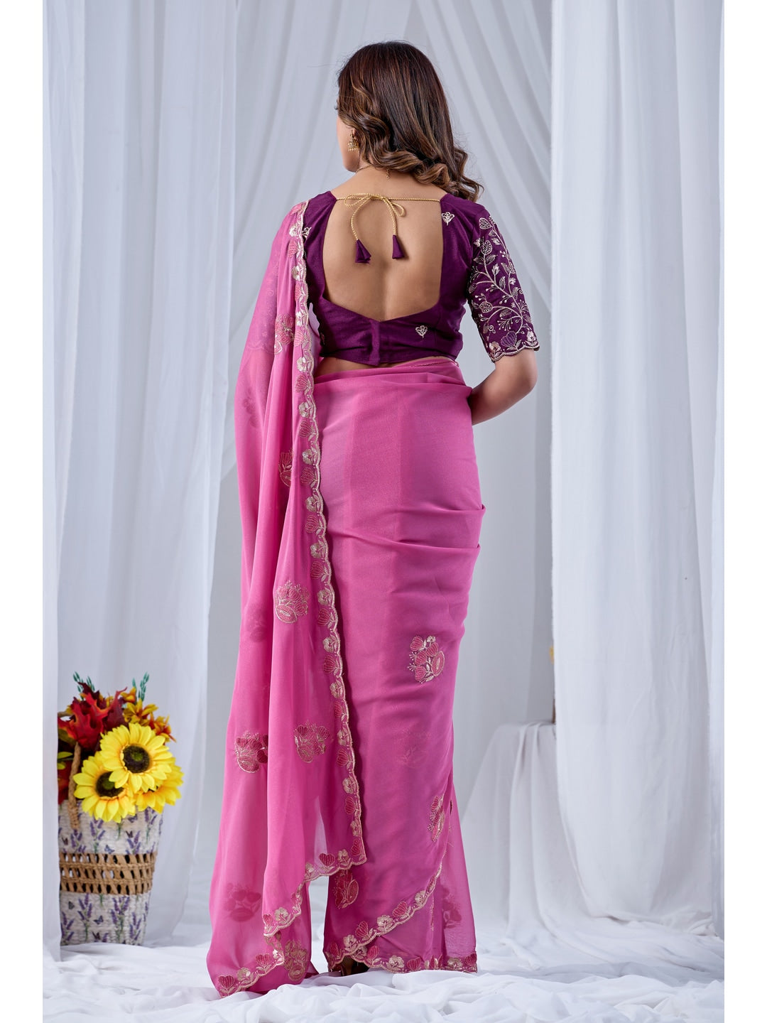 Peachmode Pink Embroidered Star Georgette Saree - Image 4