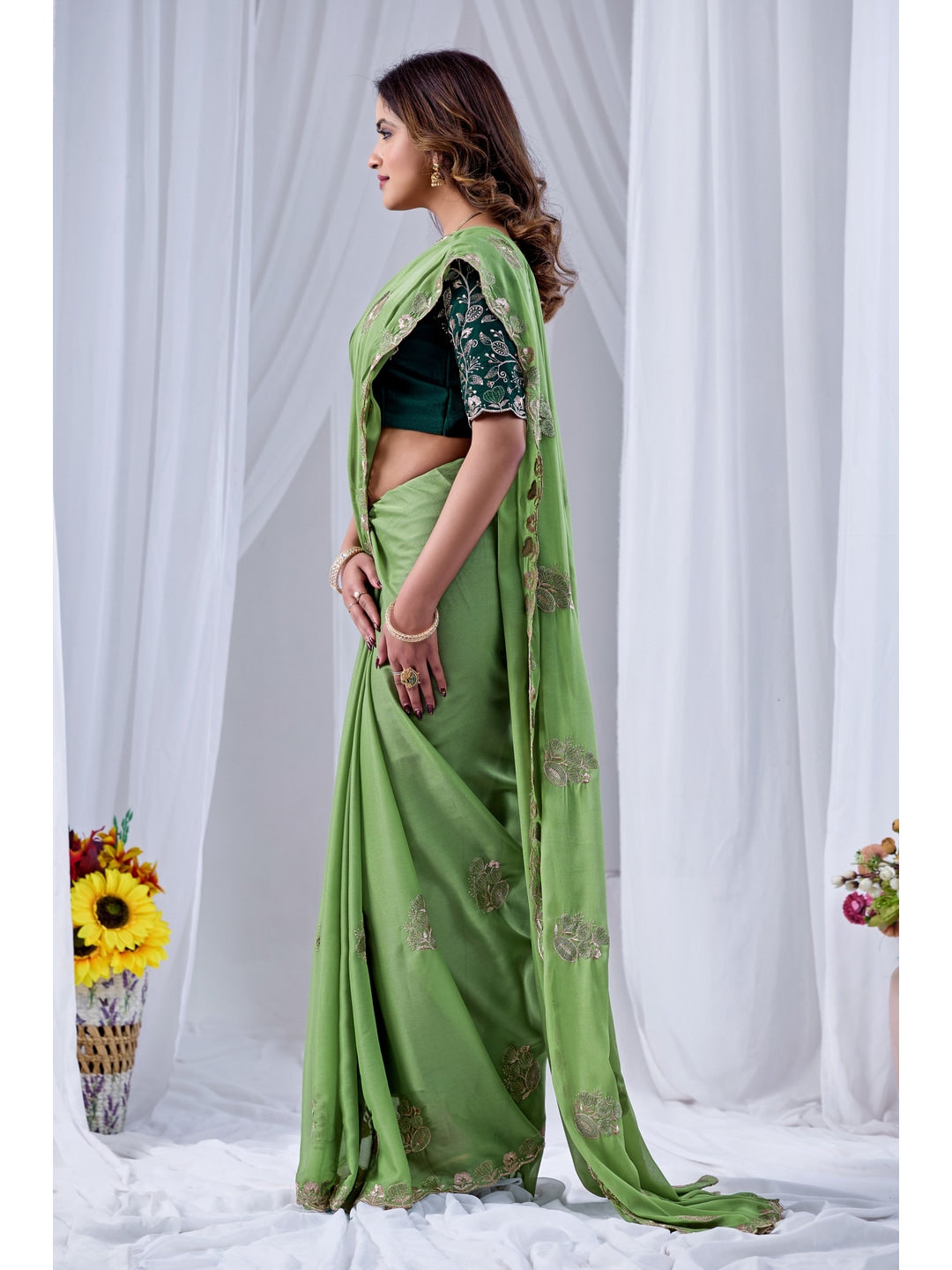 Peachmode Green Embroidered Star Georgette Saree - Image 2