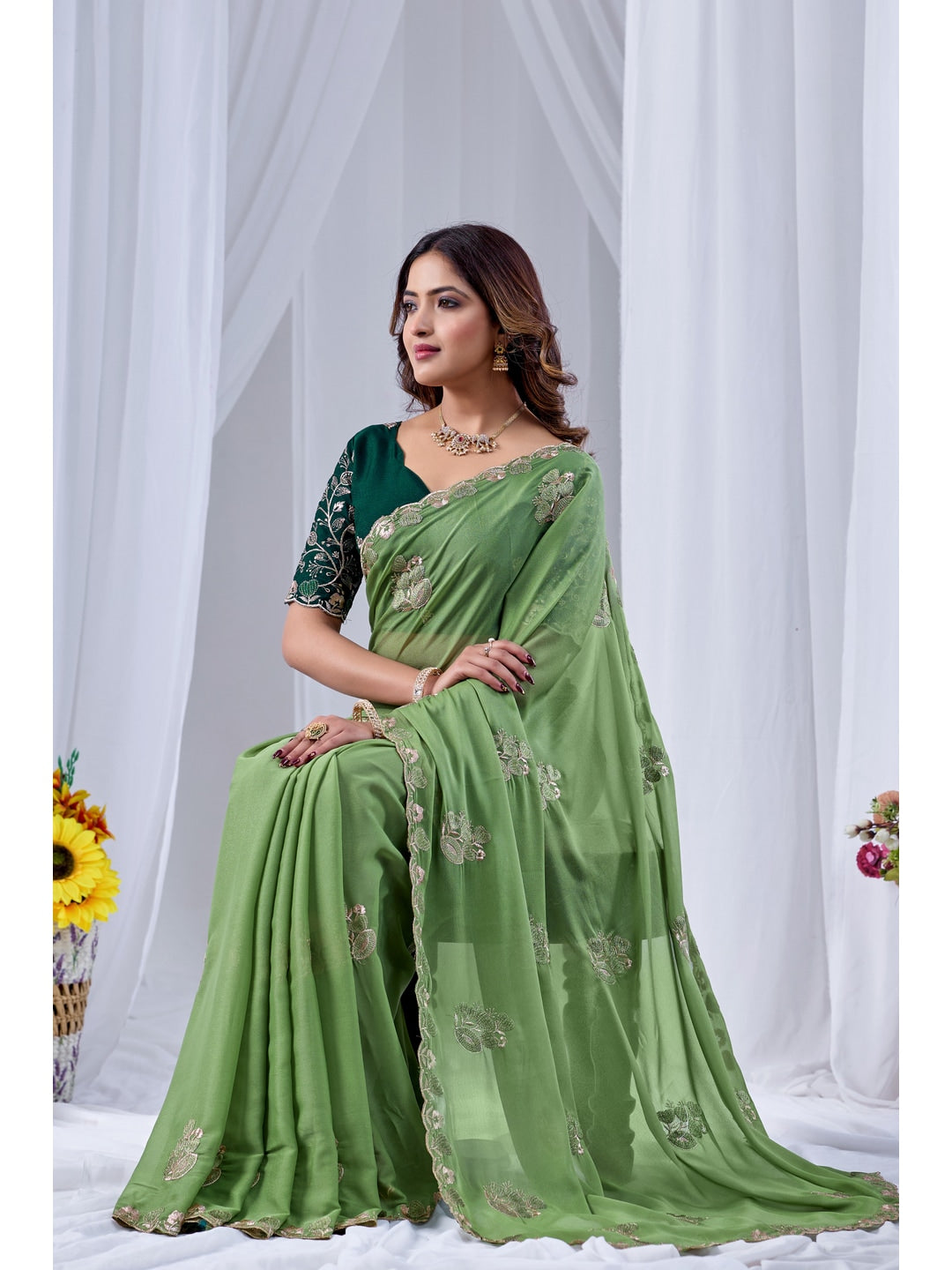 Peachmode Green Embroidered Star Georgette Saree - Image 3