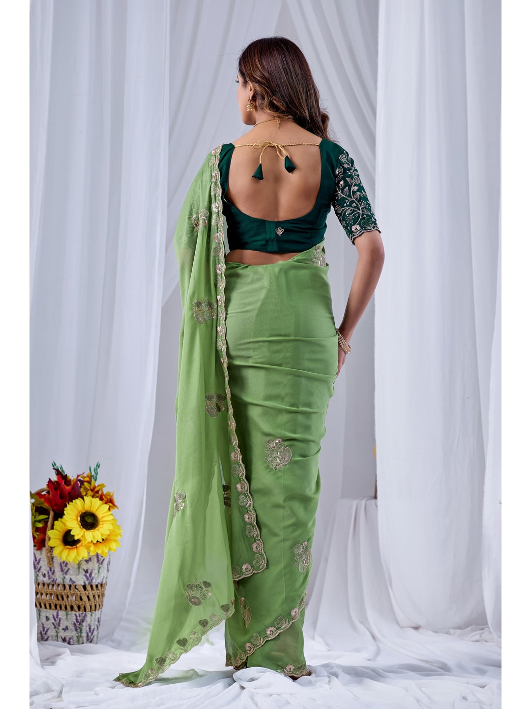 Peachmode Green Embroidered Star Georgette Saree - Image 4