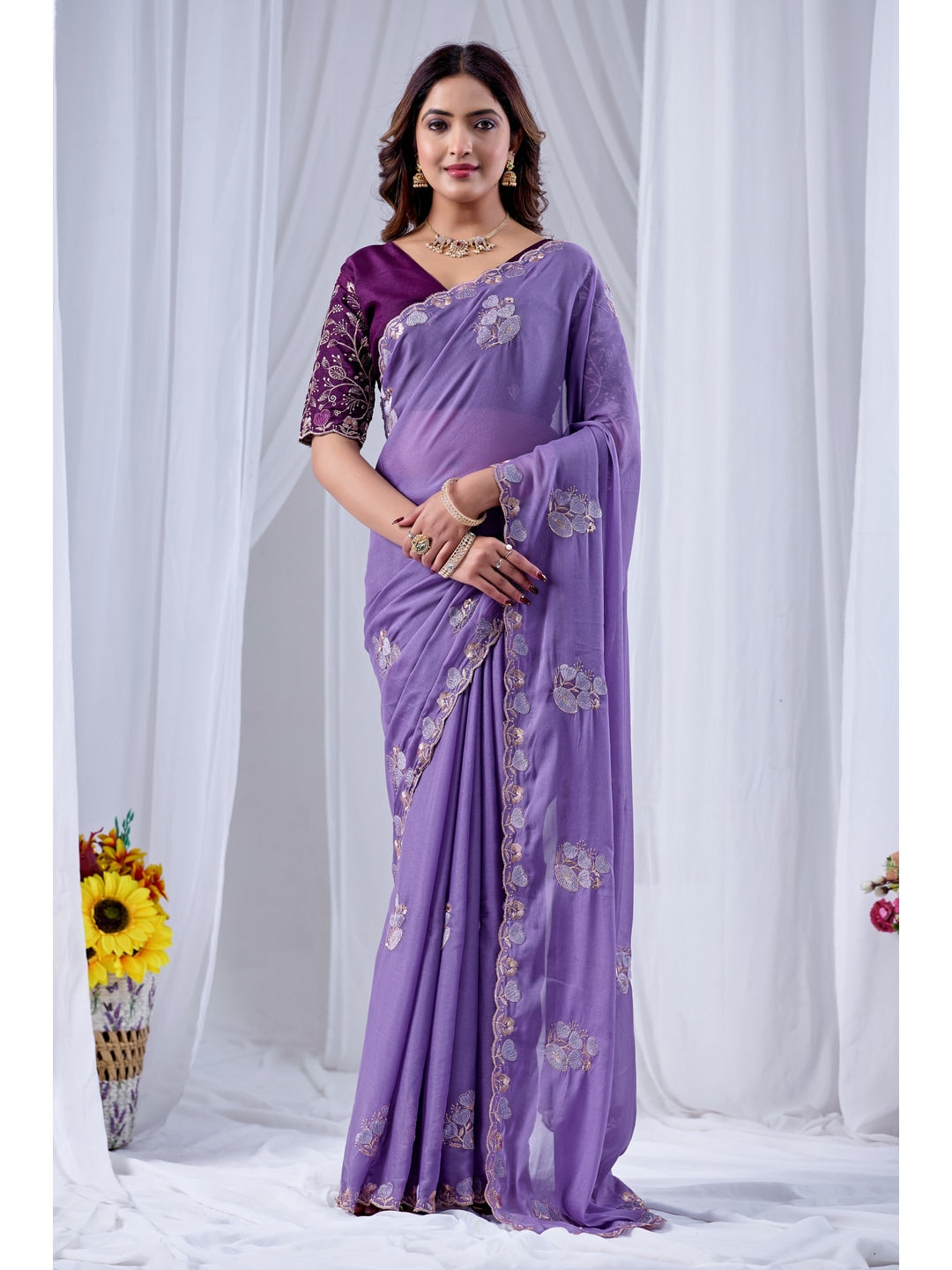 Peachmode Lavender Embroidered Star Georgette Saree - Image 1