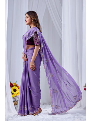 Peachmode Lavender Embroidered Star Georgette Saree - Image 2