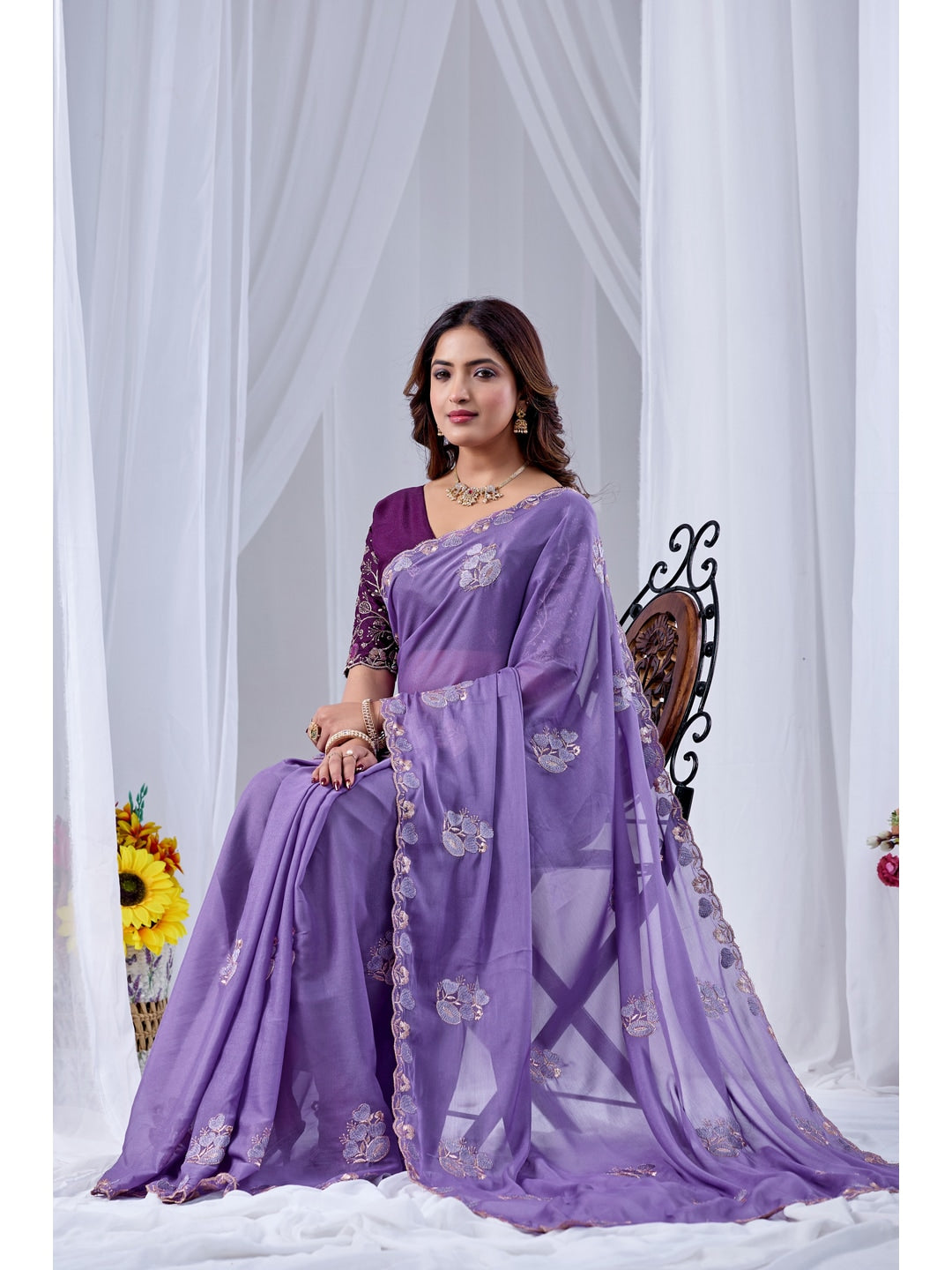 Peachmode Lavender Embroidered Star Georgette Saree - Image 3