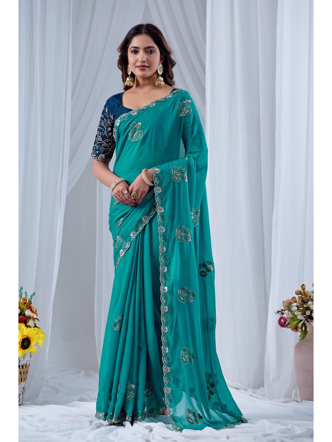 Peachmode Turquoise Embroidered Star Georgette Saree - Image 1