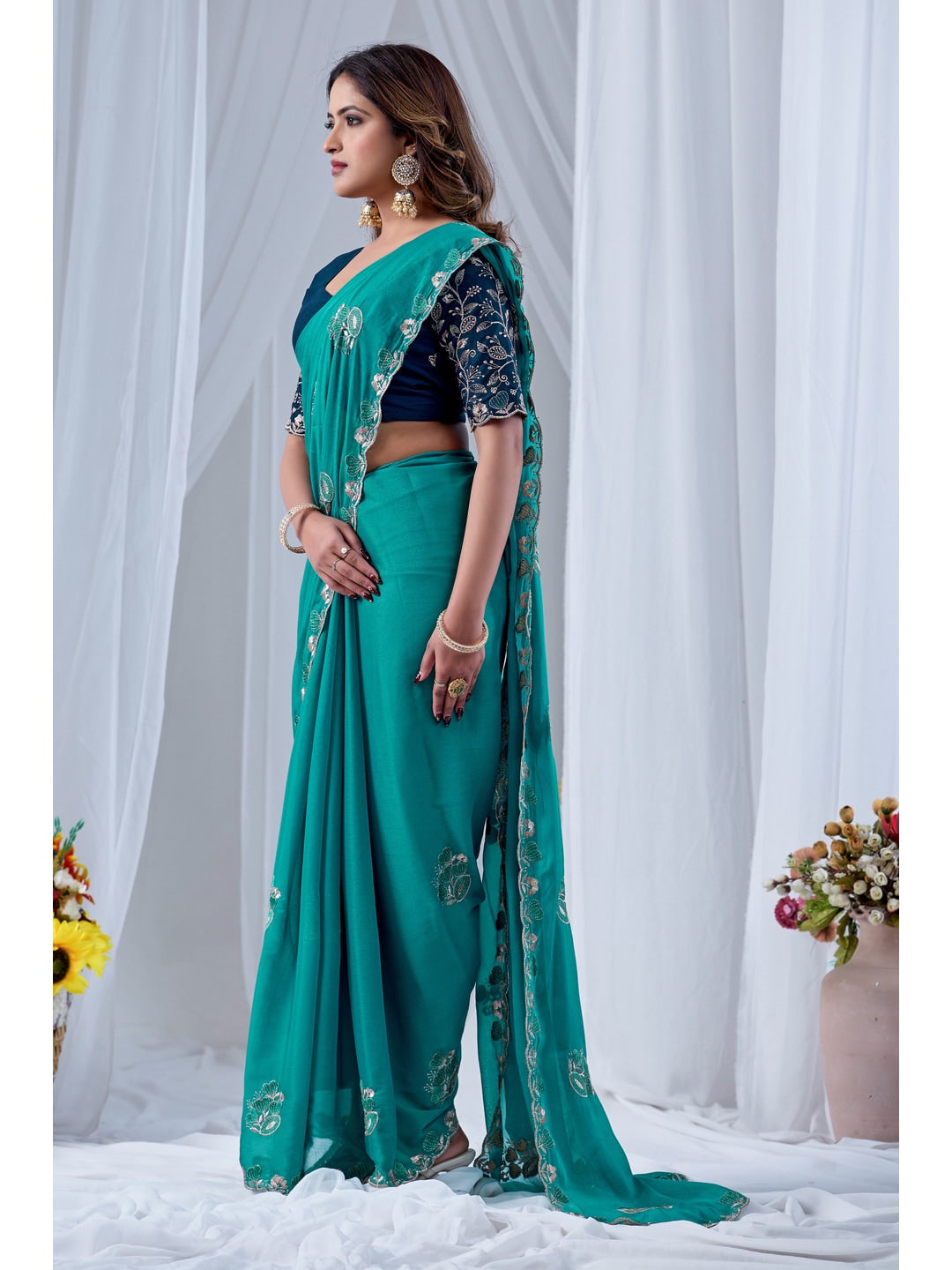 Peachmode Turquoise Embroidered Star Georgette Saree - Image 2