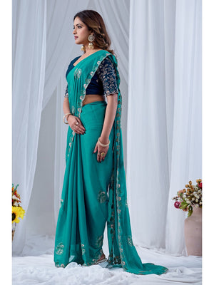 Peachmode Turquoise Embroidered Star Georgette Saree - Image 2