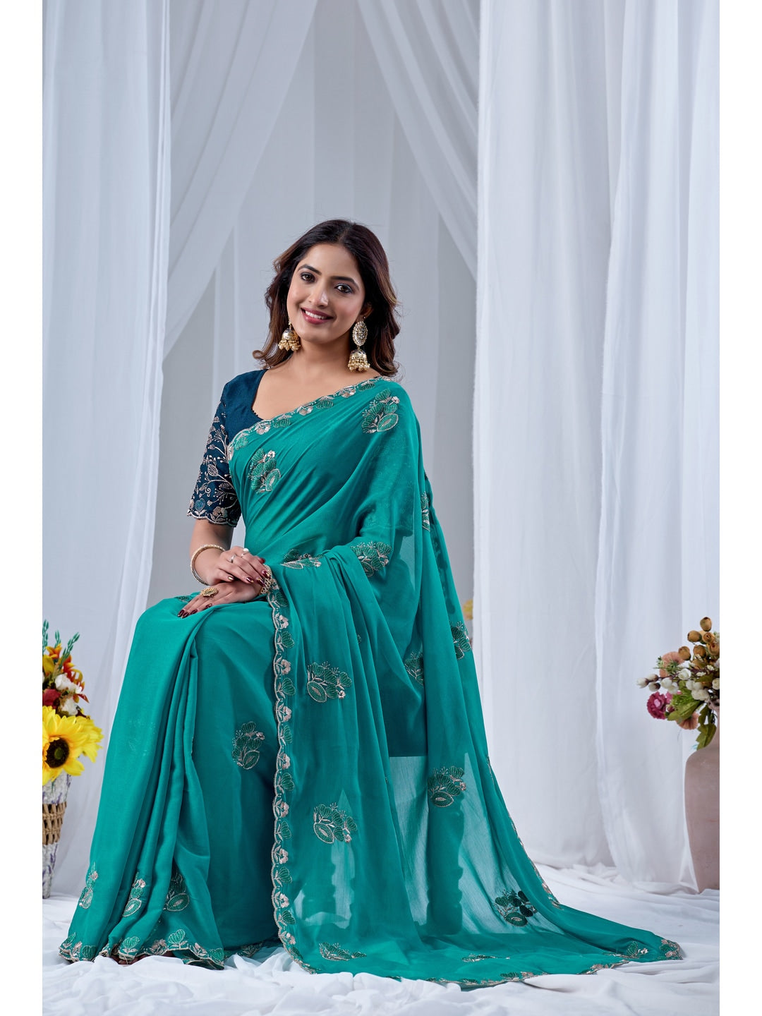 Peachmode Turquoise Embroidered Star Georgette Saree - Image 3