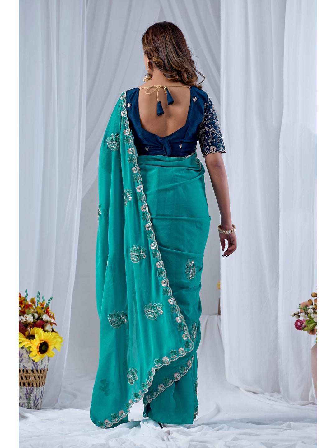 Peachmode Turquoise Embroidered Star Georgette Saree - Image 4