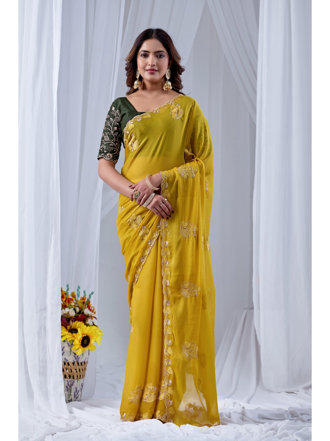 Peachmode Yellow Embroidered Star Georgette Saree - Image 1
