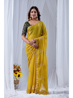 Peachmode Yellow Embroidered Star Georgette Saree - Image 1