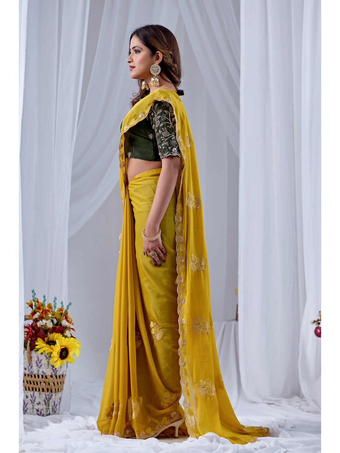 Peachmode Yellow Embroidered Star Georgette Saree - Image 2