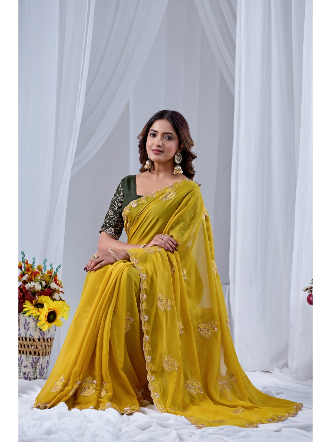 Peachmode Yellow Embroidered Star Georgette Saree - Image 3