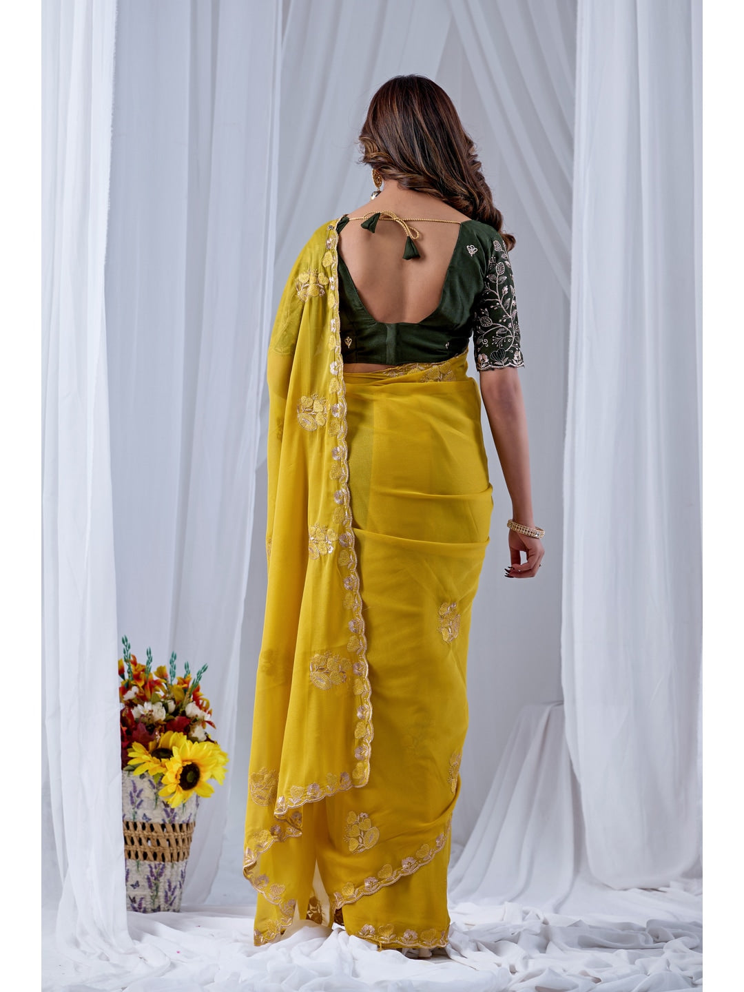 Peachmode Yellow Embroidered Star Georgette Saree - Image 4