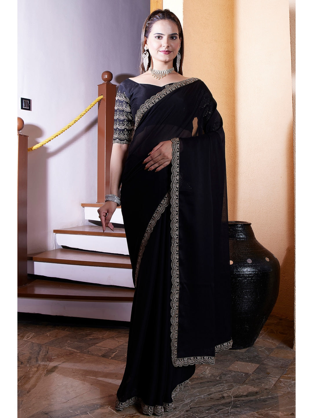Peachmode Black Embroidered Border Rangoli Silk Saree - Image 1