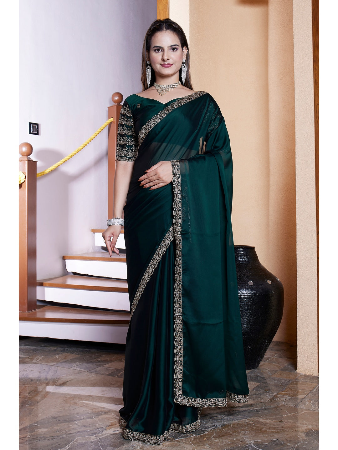 Peachmode Green Embroidered Border Rangoli Silk Saree - Image 1