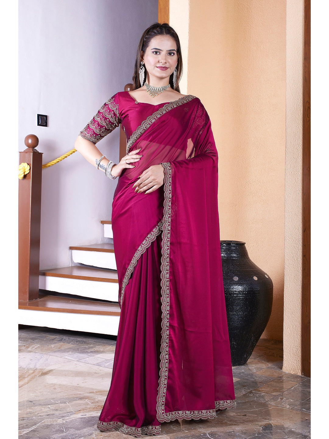 Peachmode Magenta Embroidered Border Rangoli Silk Saree - Image 1