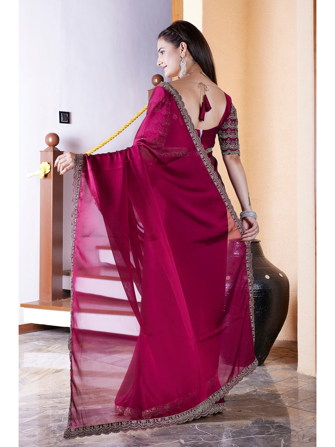 Peachmode Magenta Embroidered Border Rangoli Silk Saree - Image 2